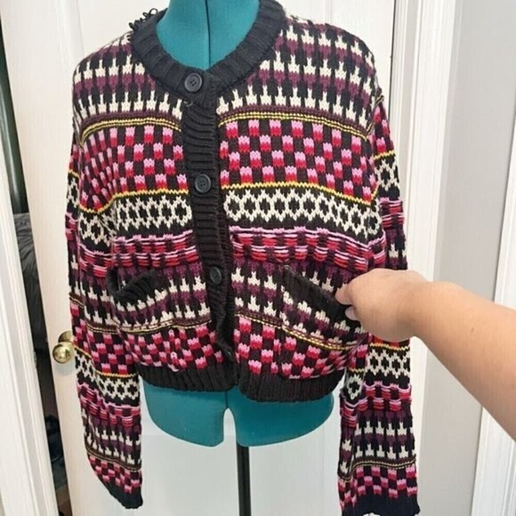 Zara Jacquard Chunky Cable Knit  Cropped Pocket Button Winter Cardigan Sweater - Picture 5 of 12